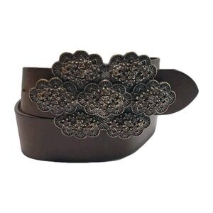 VTG‎ Kenneth Cole Brown Leather Belt with Ornate Floral Rhinestone Buckle Small